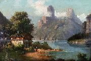 August Peters Cottage with lake and mountains France oil painting artist